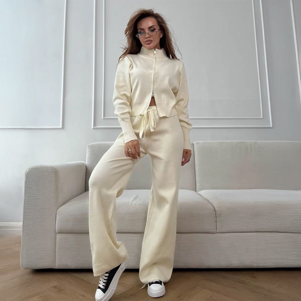Women’s Knit Zipper Two - Piece Set | Solid Color Long Sleeve Top & Pants | Autumn 2025 - Negative Apparel