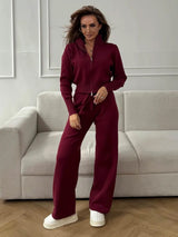 Women’s Knit Zipper Two - Piece Set | Solid Color Long Sleeve Top & Pants | Autumn 2025 - Negative Apparel
