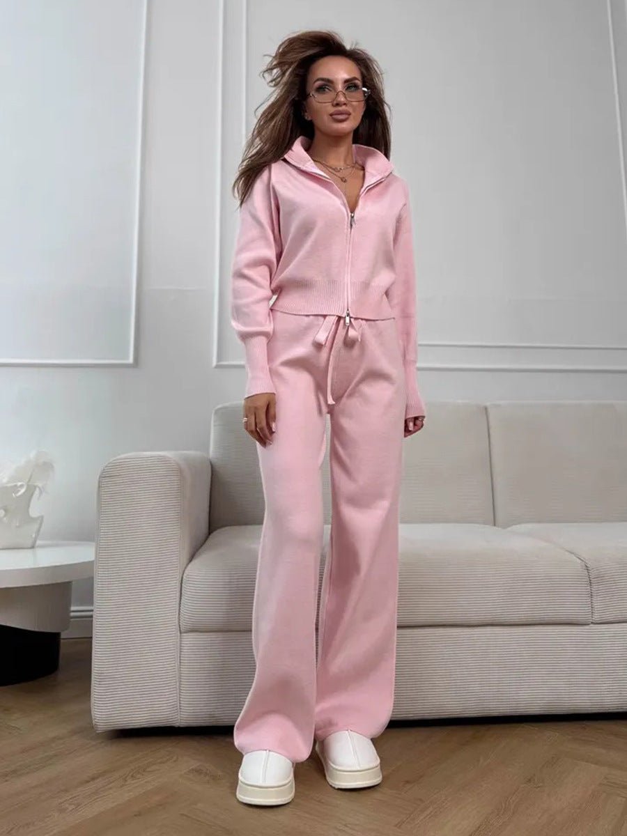Women’s Knit Zipper Two - Piece Set | Solid Color Long Sleeve Top & Pants | Autumn 2025 - Negative Apparel