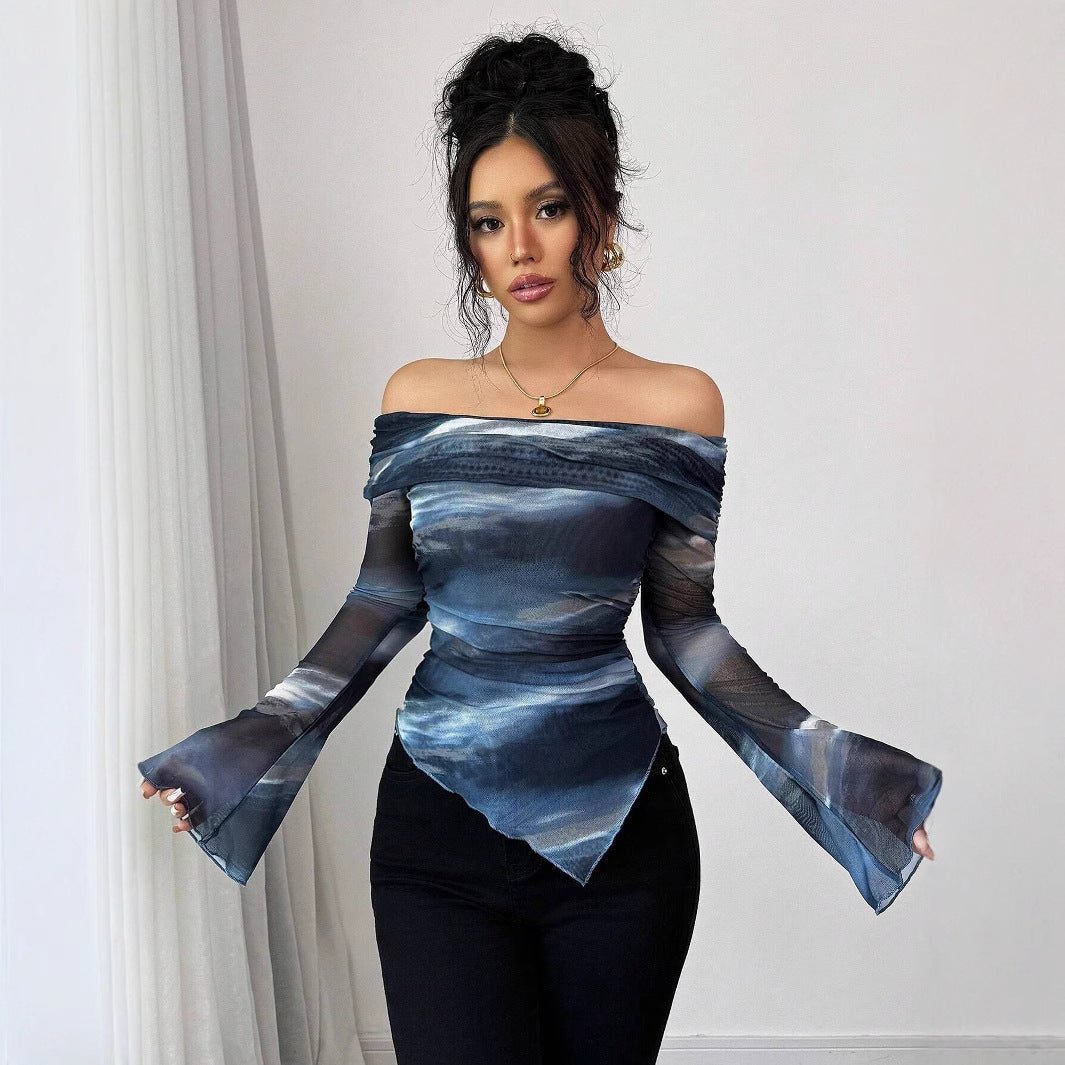 Women's knitted mesh printing one - word collar off - shoulder long - sleeved slim - fitting T-shirt top - Negative Apparel