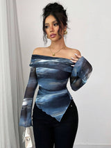 Women's knitted mesh printing one - word collar off - shoulder long - sleeved slim - fitting T-shirt top - Negative Apparel