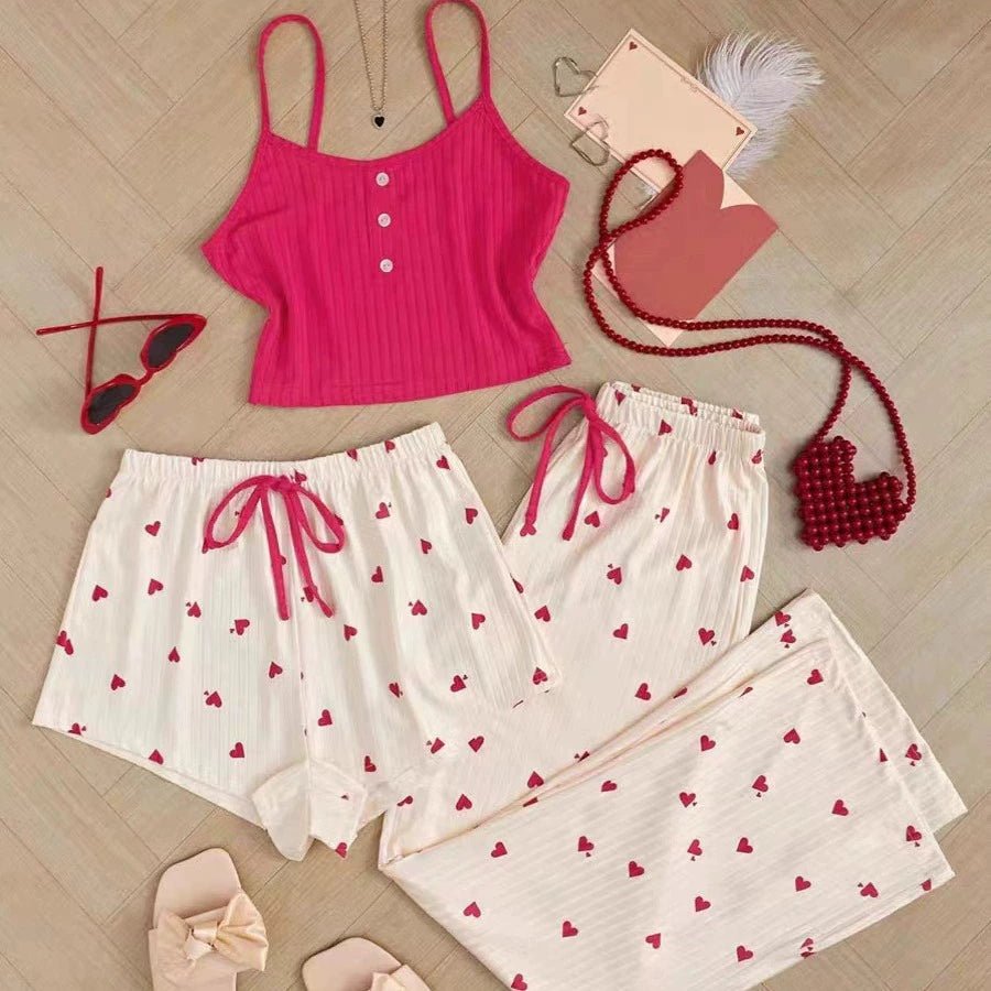 Women's Lace Trim Cami Top And Floral Print Shorts & Long Pants Pajama Set - Negative Apparel
