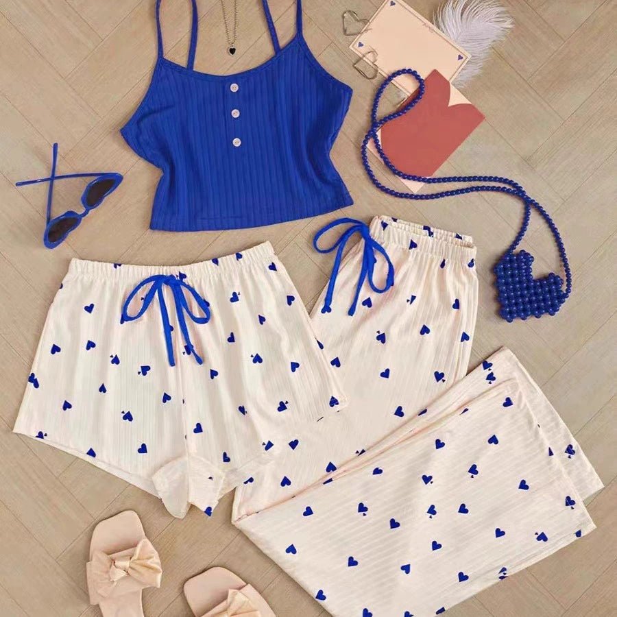 Women's Lace Trim Cami Top And Floral Print Shorts & Long Pants Pajama Set - Negative Apparel