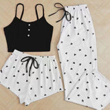 Women's Lace Trim Cami Top And Floral Print Shorts & Long Pants Pajama Set - Negative Apparel