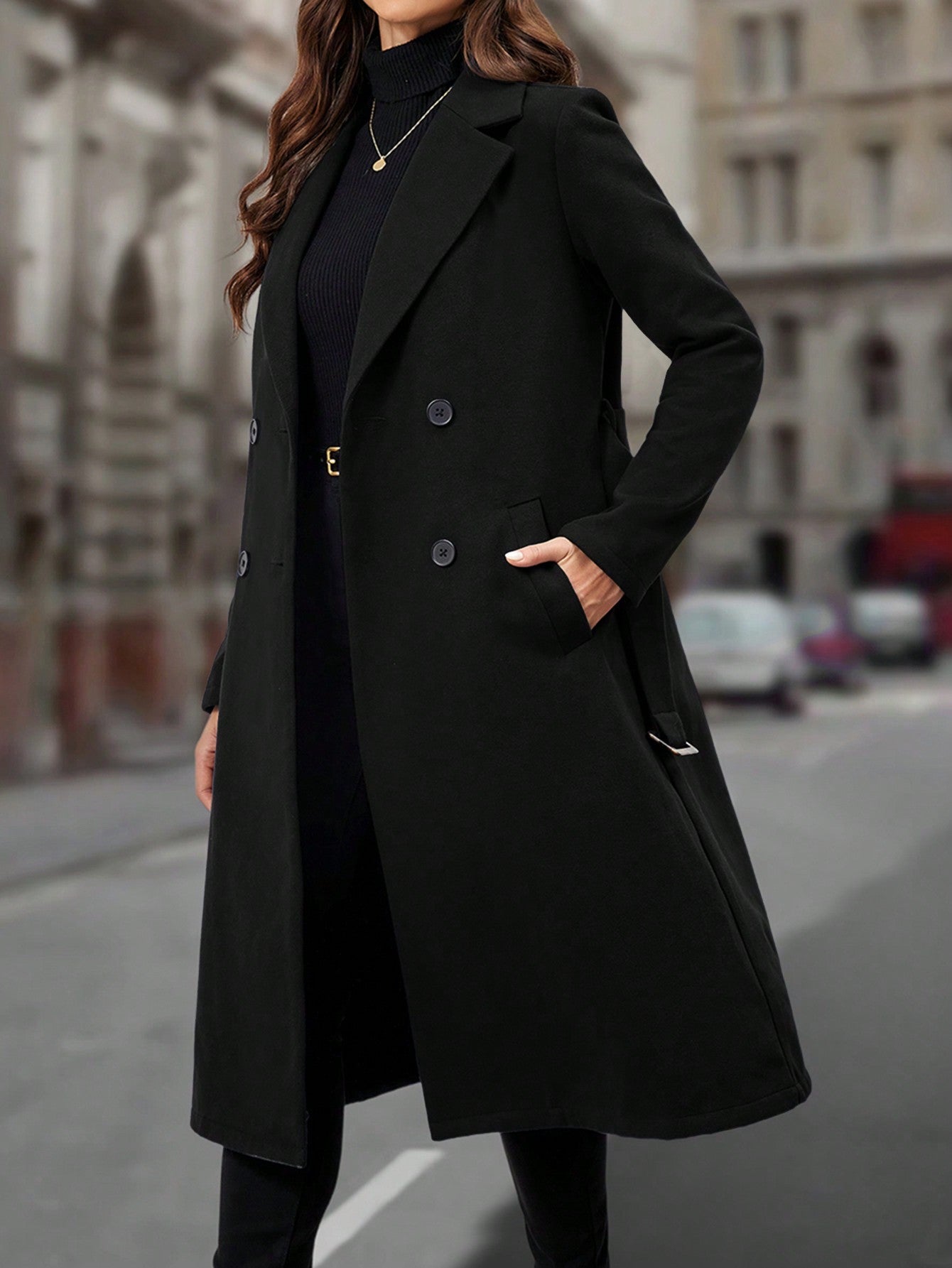 Women's Lapel Collar Double - breasted Woolen Coat - Negative Apparel