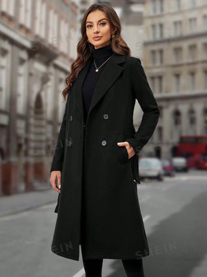 Women's Lapel Collar Double - breasted Woolen Coat - Negative Apparel