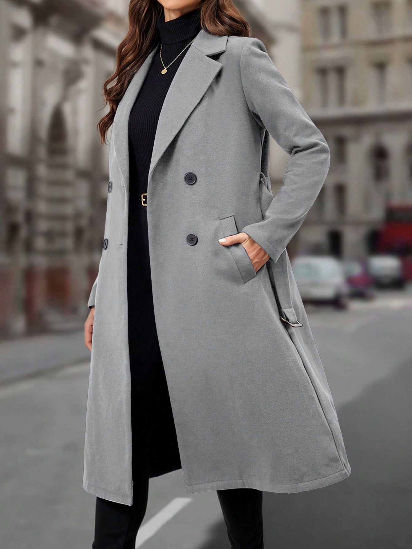 Women's Lapel Collar Double - breasted Woolen Coat - Negative Apparel