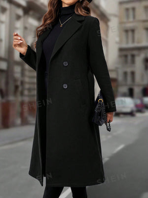 Women's Lapel Collar Double - breasted Woolen Coat - Negative Apparel