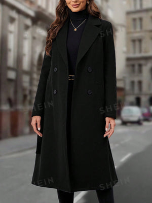 Women's Lapel Collar Double - breasted Woolen Coat - Negative Apparel