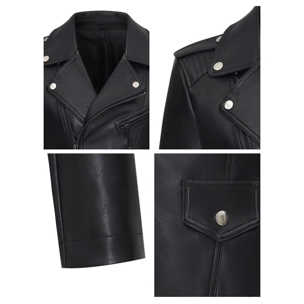 Women's leather jacket short jacket new waist fashion autumn American slim locomotive clothing black jacket - Negative Apparel