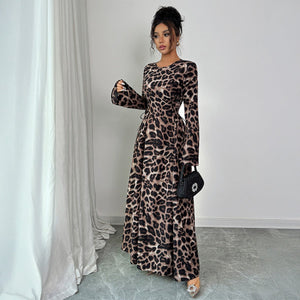 Women’s Leopard Print A - Line Midi Dress | Long Sleeve High Waist – Autumn 2025 Collection - Negative Apparel