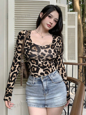 Women's Leopard Print Fitted Crew Neck T-Shirt - Negative Apparel