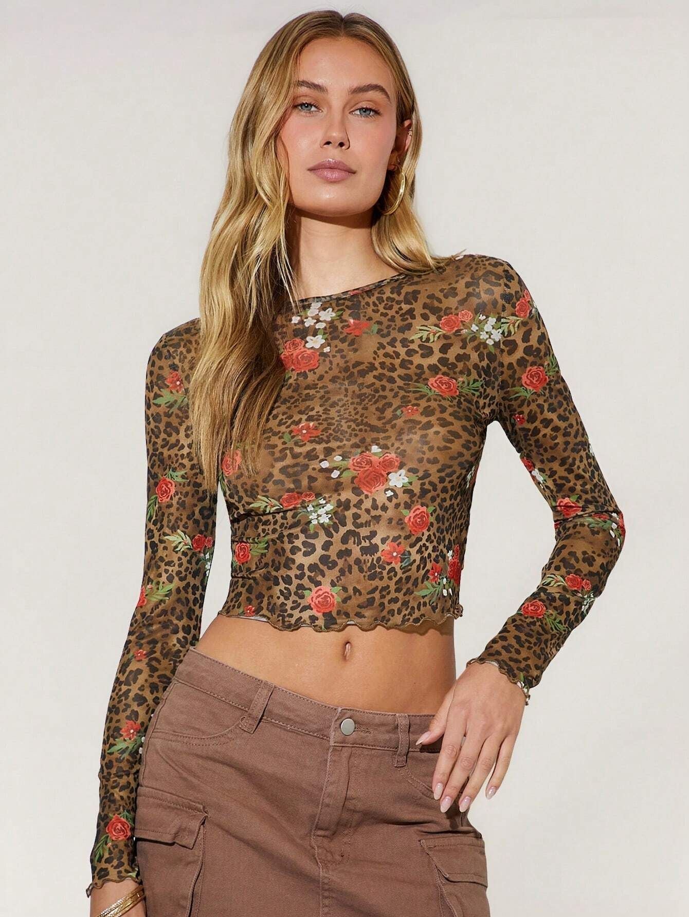 Women's leopard print flower printing mesh yarn crew neck short long - sleeved T-shirt top - Negative Apparel