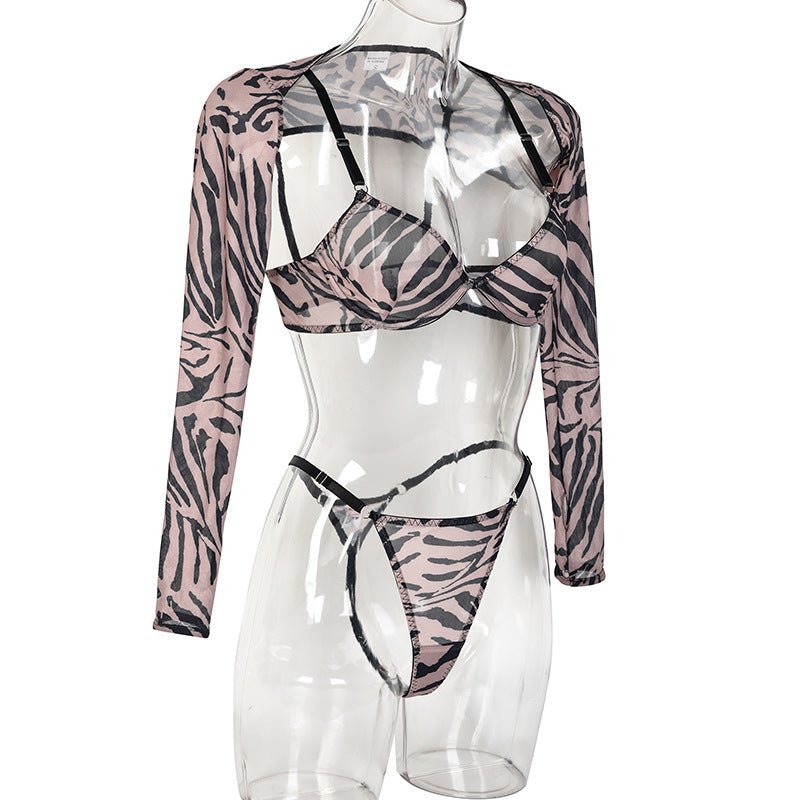 Women's leopard print mesh see - through body shaping four - piece lingerie set - Negative Apparel