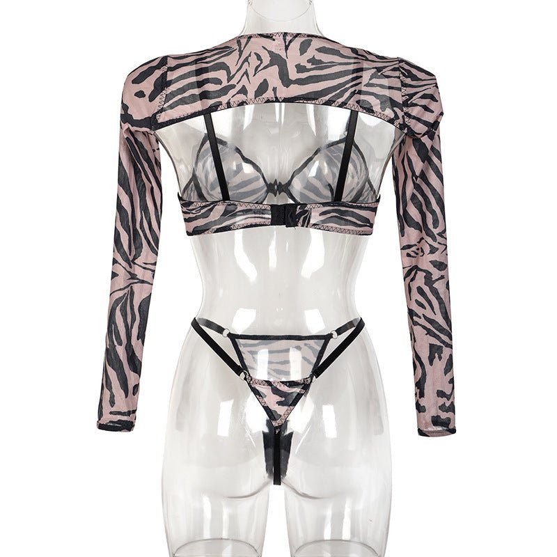 Women's leopard print mesh see - through body shaping four - piece lingerie set - Negative Apparel