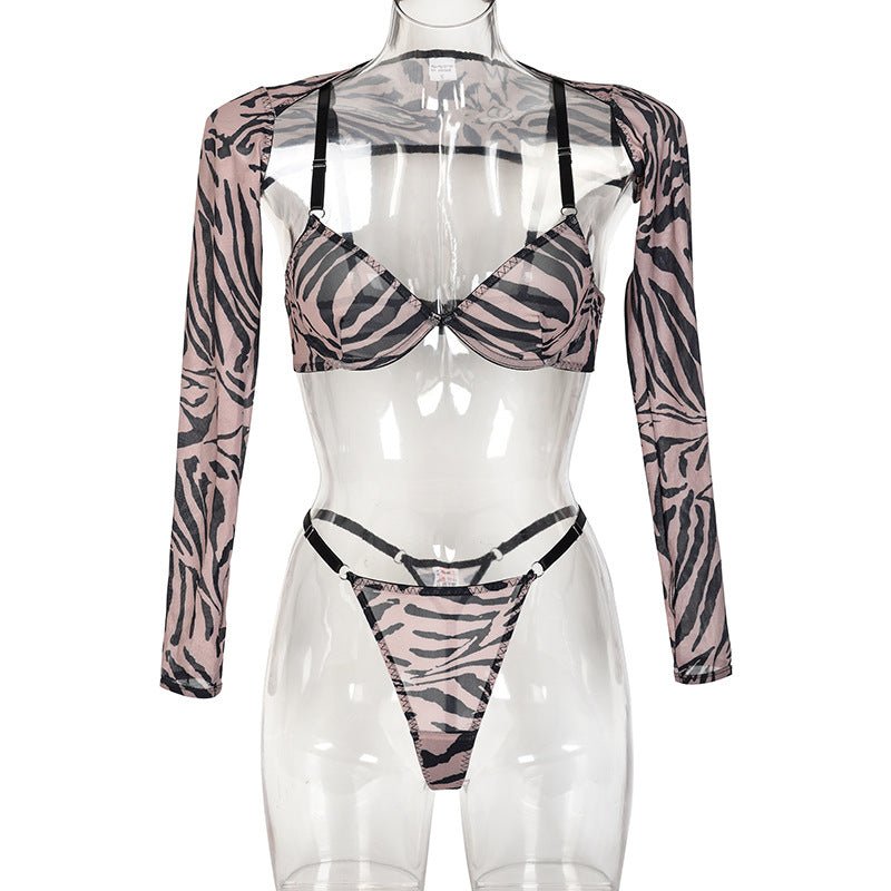 Women's leopard print mesh see - through body shaping four - piece lingerie set - Negative Apparel