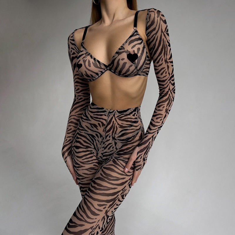 Women's leopard print mesh see - through body shaping four - piece lingerie set - Negative Apparel