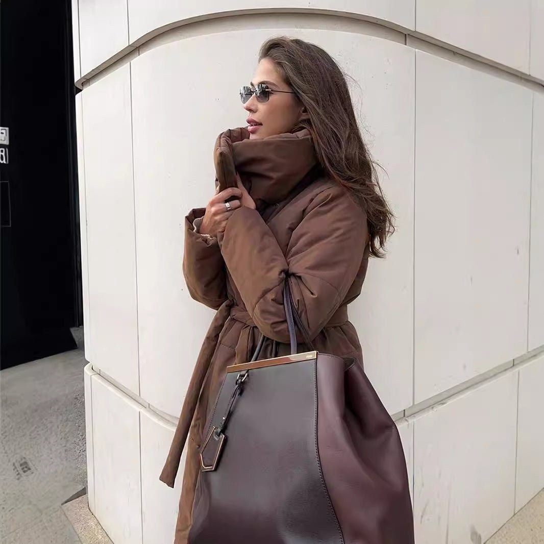 Women’s Long Belted Cotton - Padded Coat | Thick Warm Winter Jacket | Loose Fit Street Style - Negative Apparel