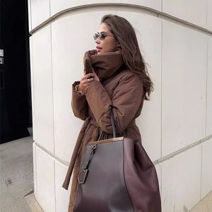 Women’s Long Belted Cotton - Padded Coat | Thick Warm Winter Jacket | Loose Fit Street Style - Negative Apparel