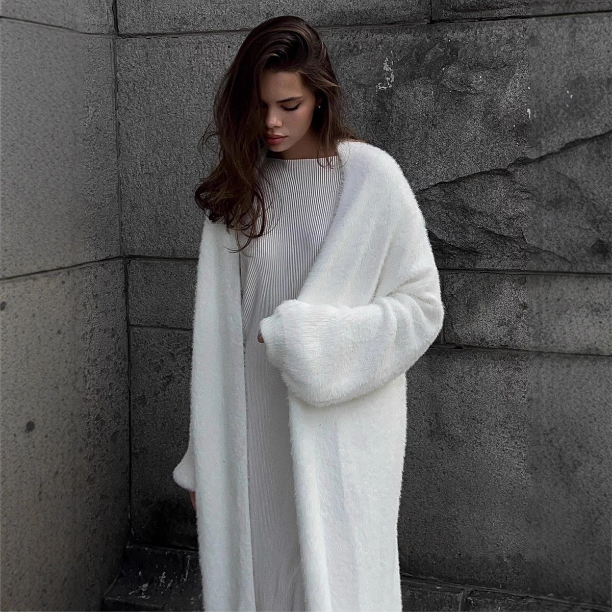 Women’s Long Plush Cardigan Sweater | Thick Nylon Knit | V - Neck Cozy Outerwear | Korean Casual Style | Autumn 2025 Fashion - Negative Apparel