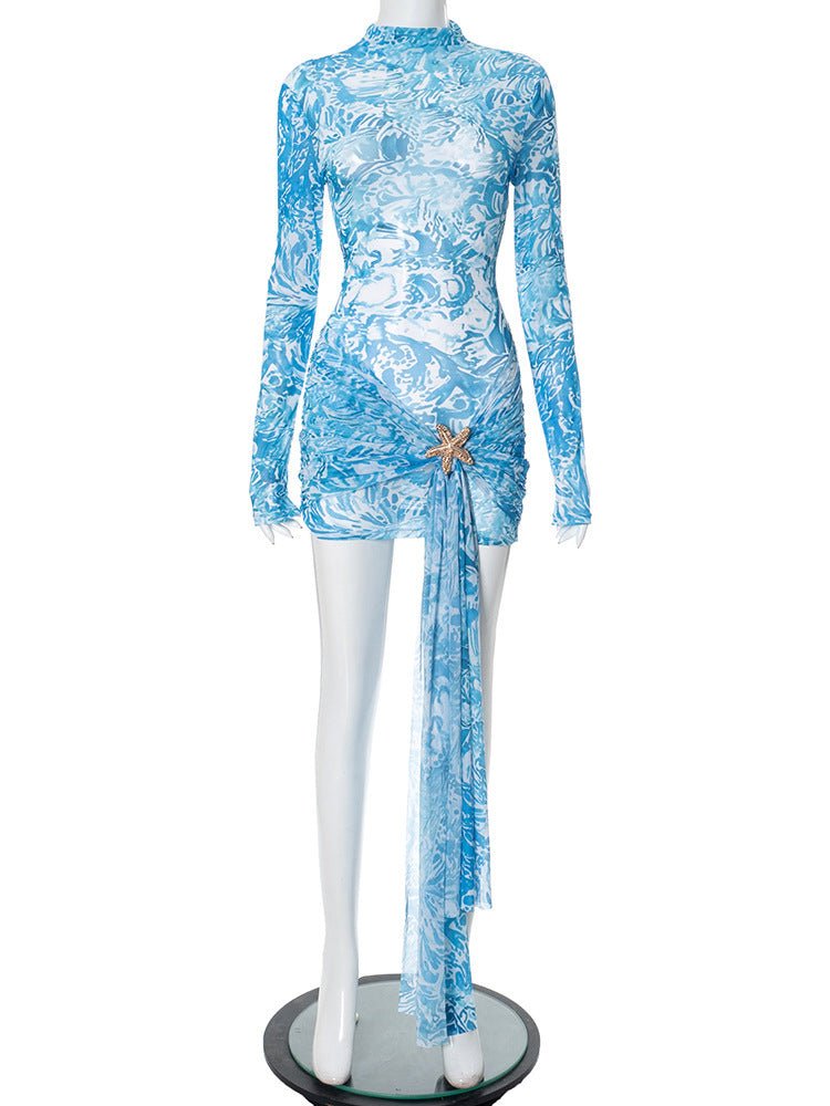 Women's long - sleeved contrasting color printing tight - fitting hip - wrapped pleated ribbon short dress - Negative Apparel
