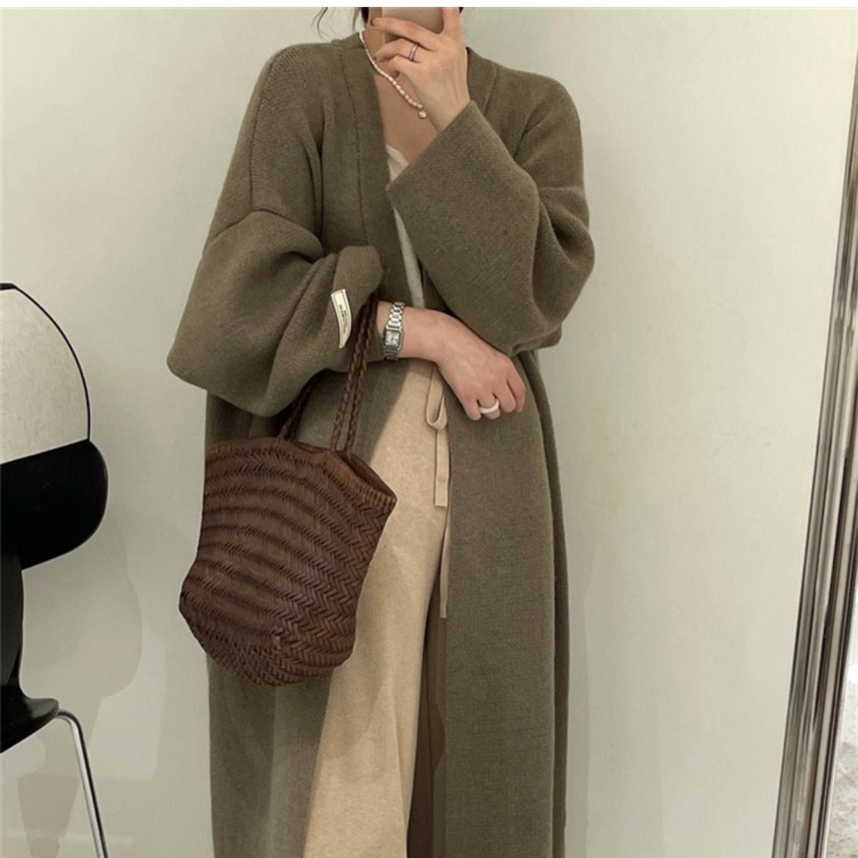 Women’s Long Wool Blend Knit Cardigan | V - Neck Lazy Fit Sweater Coat - Negative Apparel