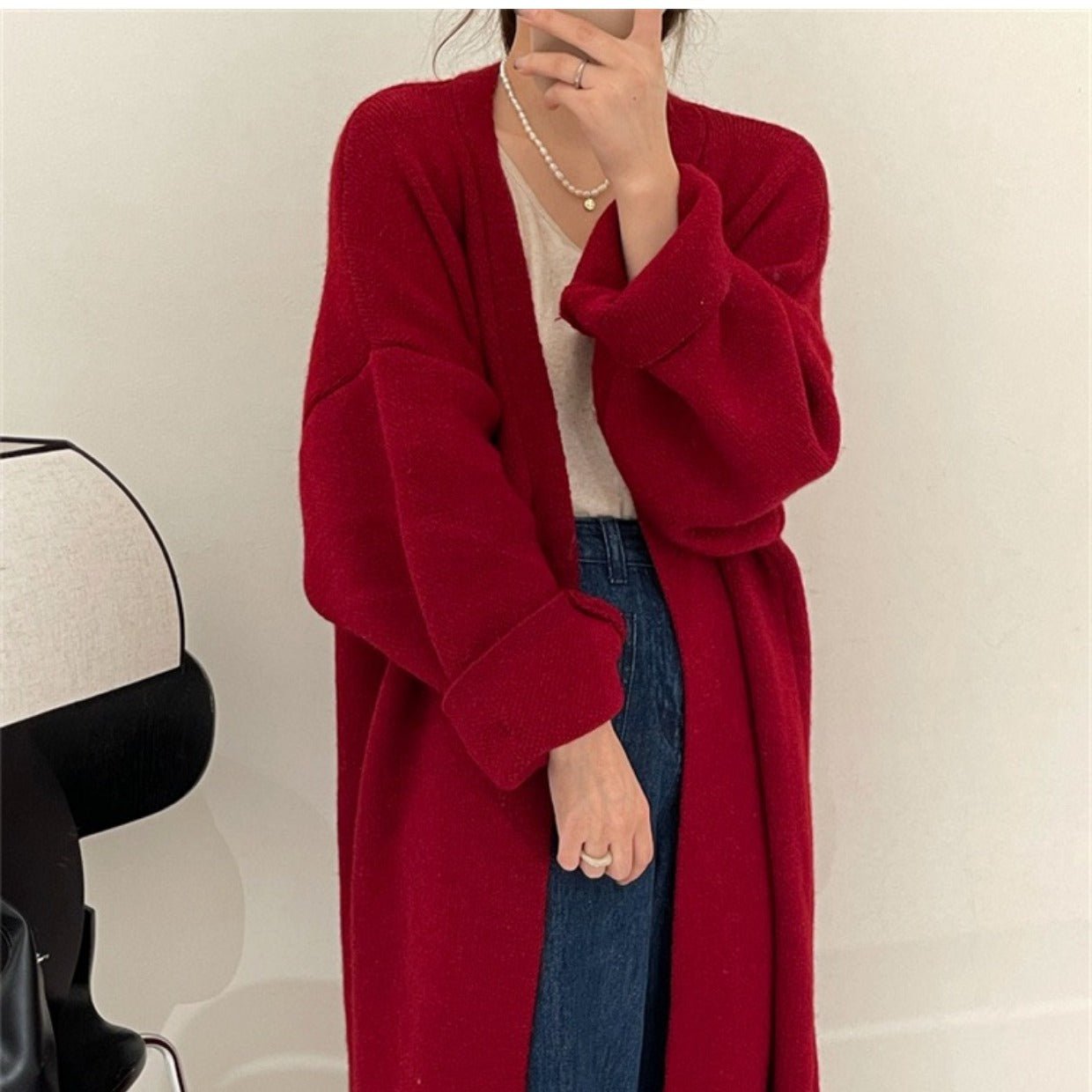 Women’s Long Wool Blend Knit Cardigan | V - Neck Lazy Fit Sweater Coat - Negative Apparel
