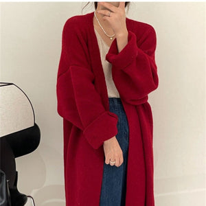 Women’s Long Wool Blend Knit Cardigan | V - Neck Lazy Fit Sweater Coat - Negative Apparel