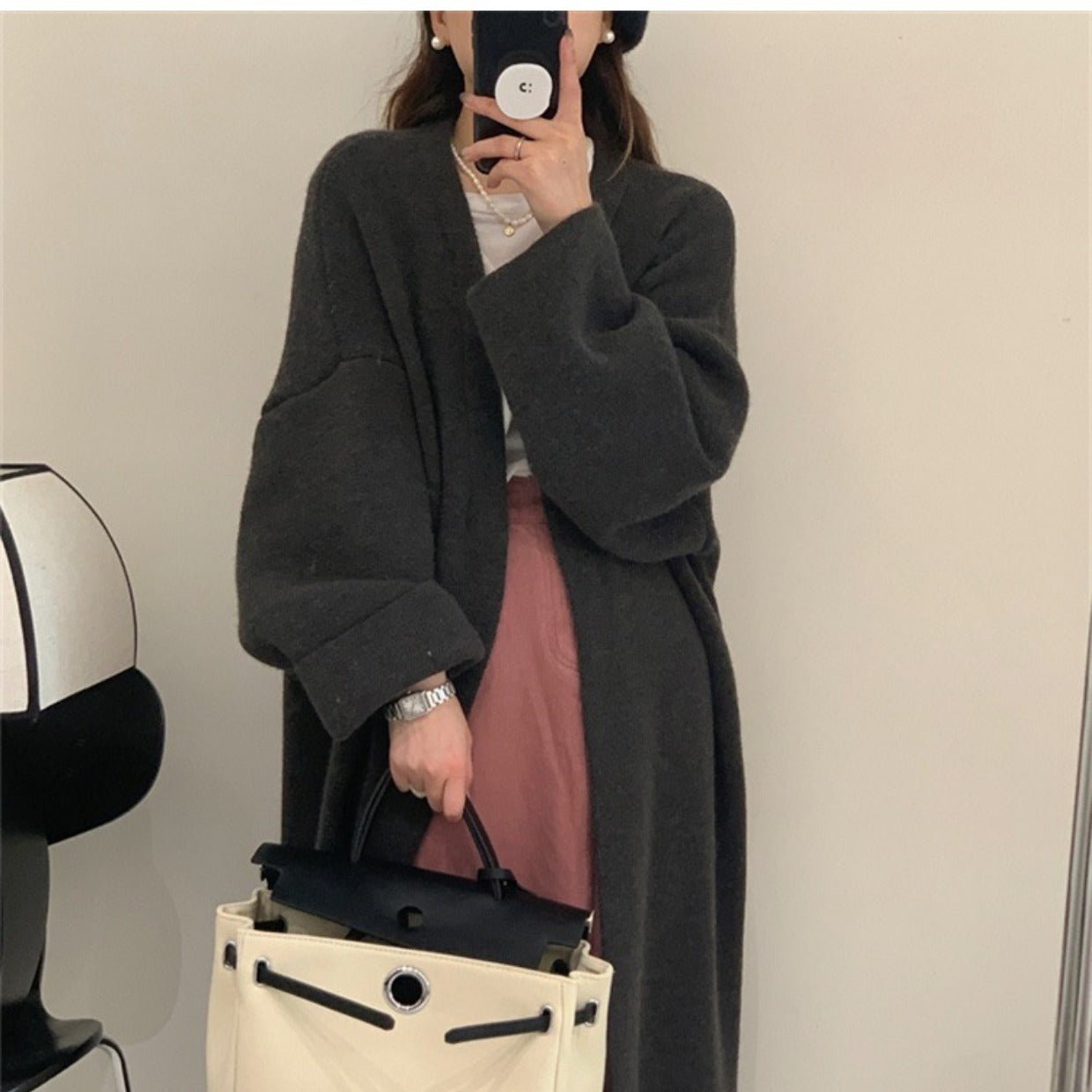 Women’s Long Wool Blend Knit Cardigan | V - Neck Lazy Fit Sweater Coat - Negative Apparel