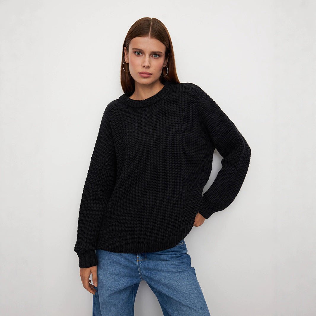 Women’s Loose Knit Sweater | Lantern Sleeve Pullover | Acrylic Cotton Korean Casual Top | Thick Round Neck Sweater Summer 2025 - Negative Apparel