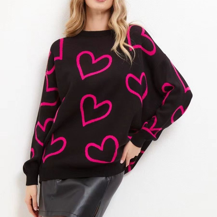 Women’s Love Jacquard Loose Knit Pullover Sweater – Autumn 2025 - Negative Apparel