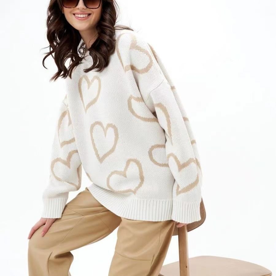 Women’s Love Jacquard Loose Knit Pullover Sweater – Autumn 2025 - Negative Apparel