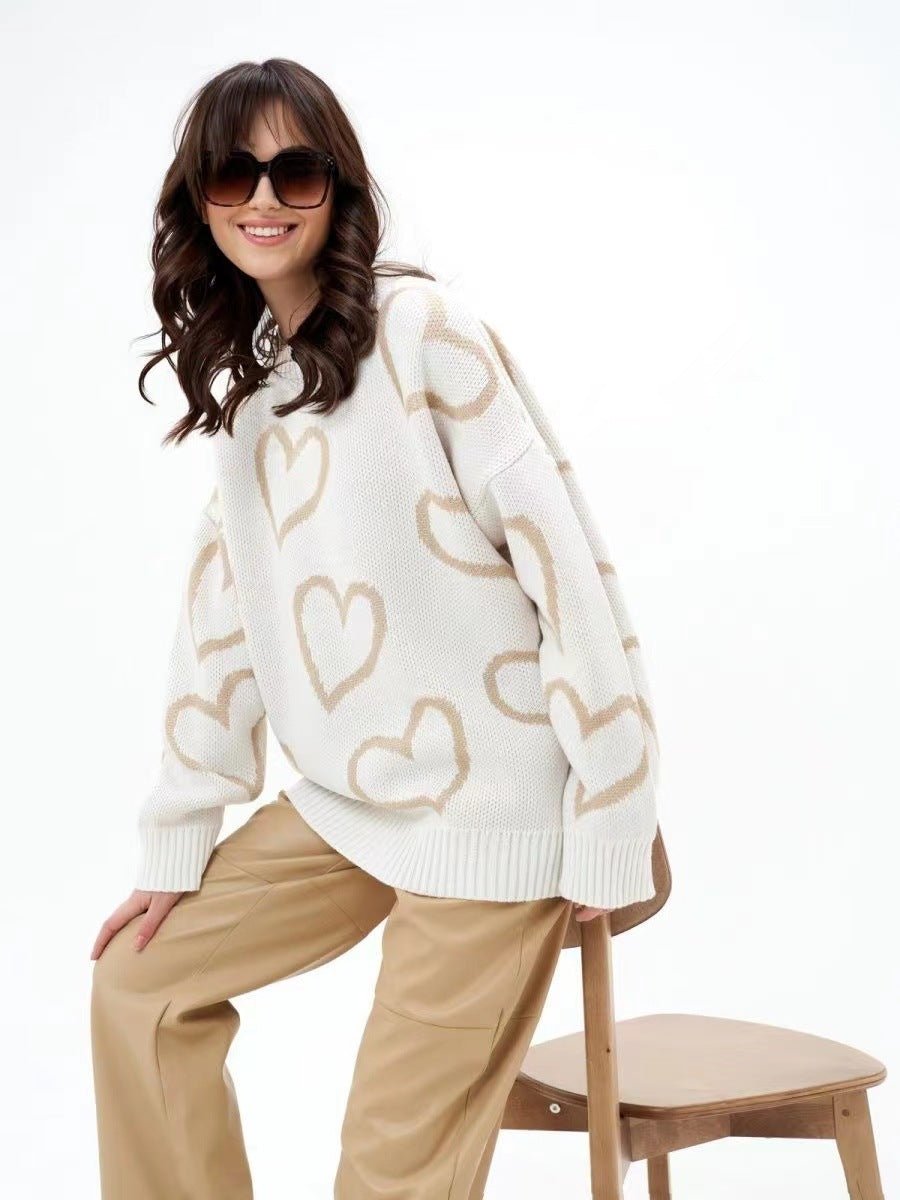 Women’s Love Jacquard Loose Knit Pullover Sweater – Autumn 2025 - Negative Apparel
