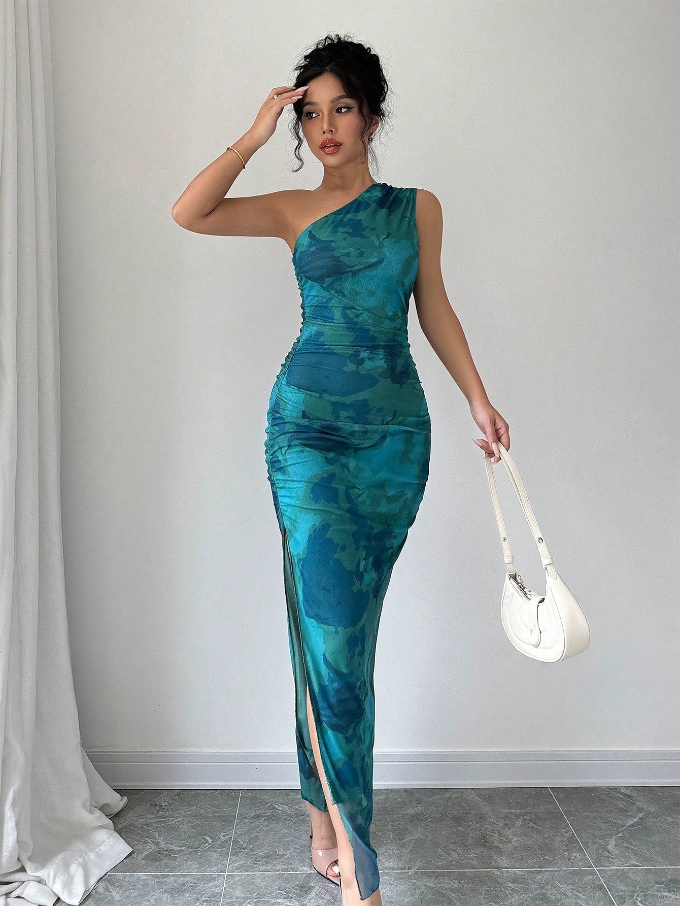 Women's Luxury Evening Dress, Tie Dye Print Asymmetrical Neckline Sleeveless Sexy Dress - Negative Apparel