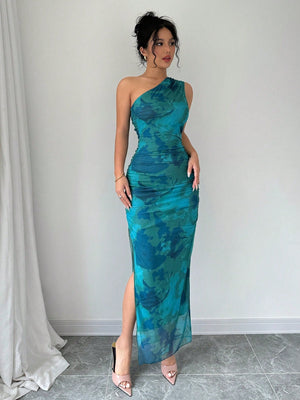 Women's Luxury Evening Dress, Tie Dye Print Asymmetrical Neckline Sleeveless Sexy Dress - Negative Apparel