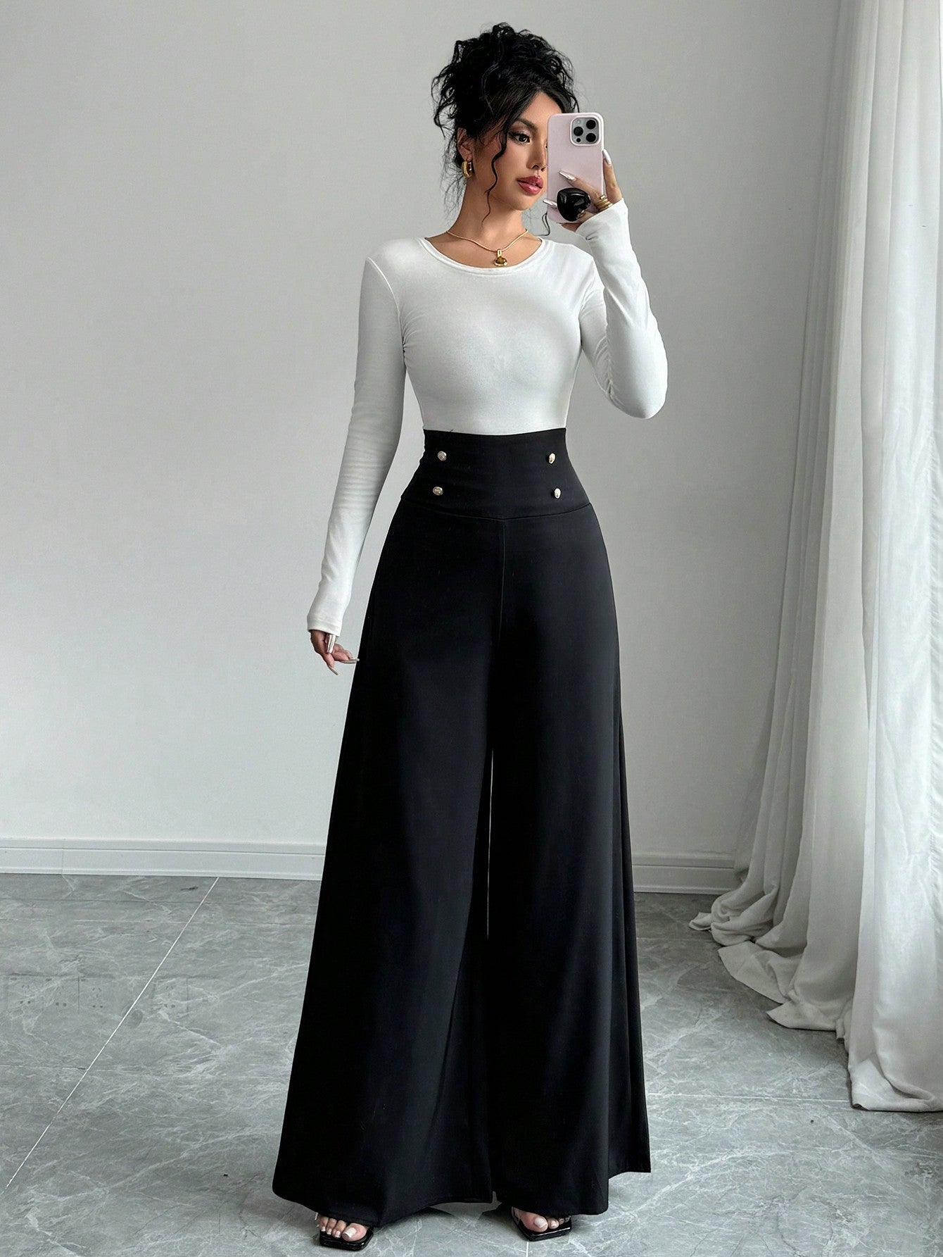 Women's Minimalist Elegant High - Waisted Slimming Black Wide Leg Pants For Work,Office Work Wear - Negative Apparel