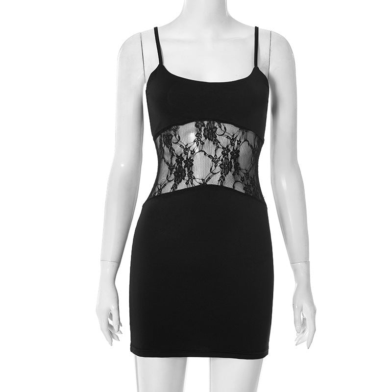 Women's Minimalist Spaghetti Strap Solid Dress with Lace Insert - Negative Apparel