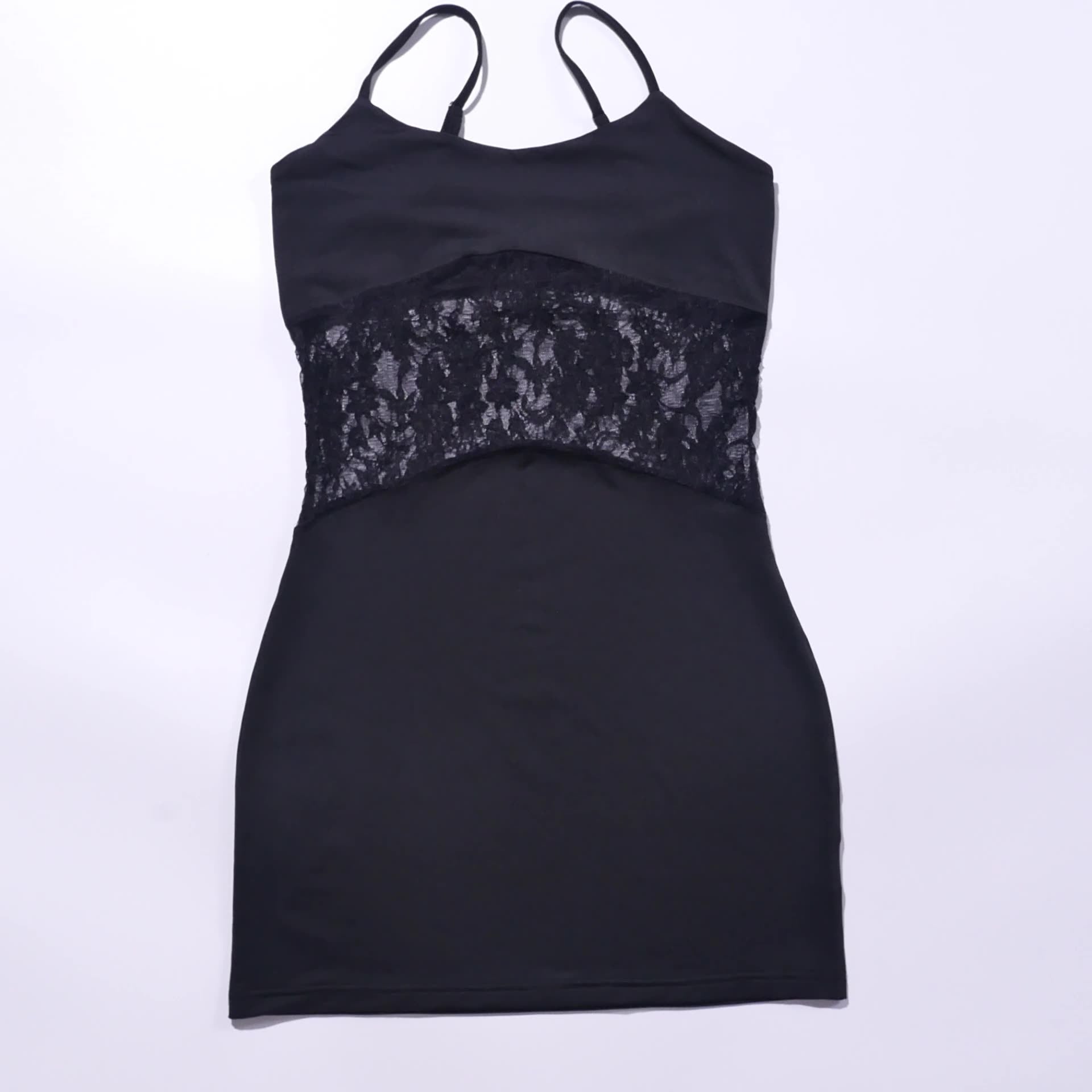 Women's Minimalist Spaghetti Strap Solid Dress with Lace Insert - Negative Apparel