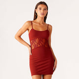 Women's Minimalist Spaghetti Strap Solid Dress with Lace Insert - Negative Apparel