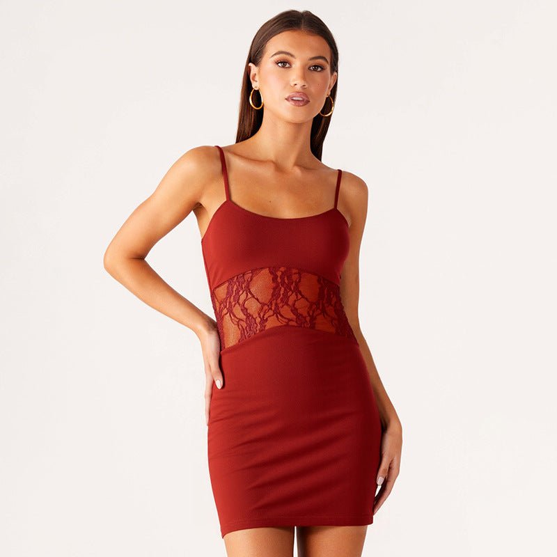 Women's Minimalist Spaghetti Strap Solid Dress with Lace Insert - Negative Apparel