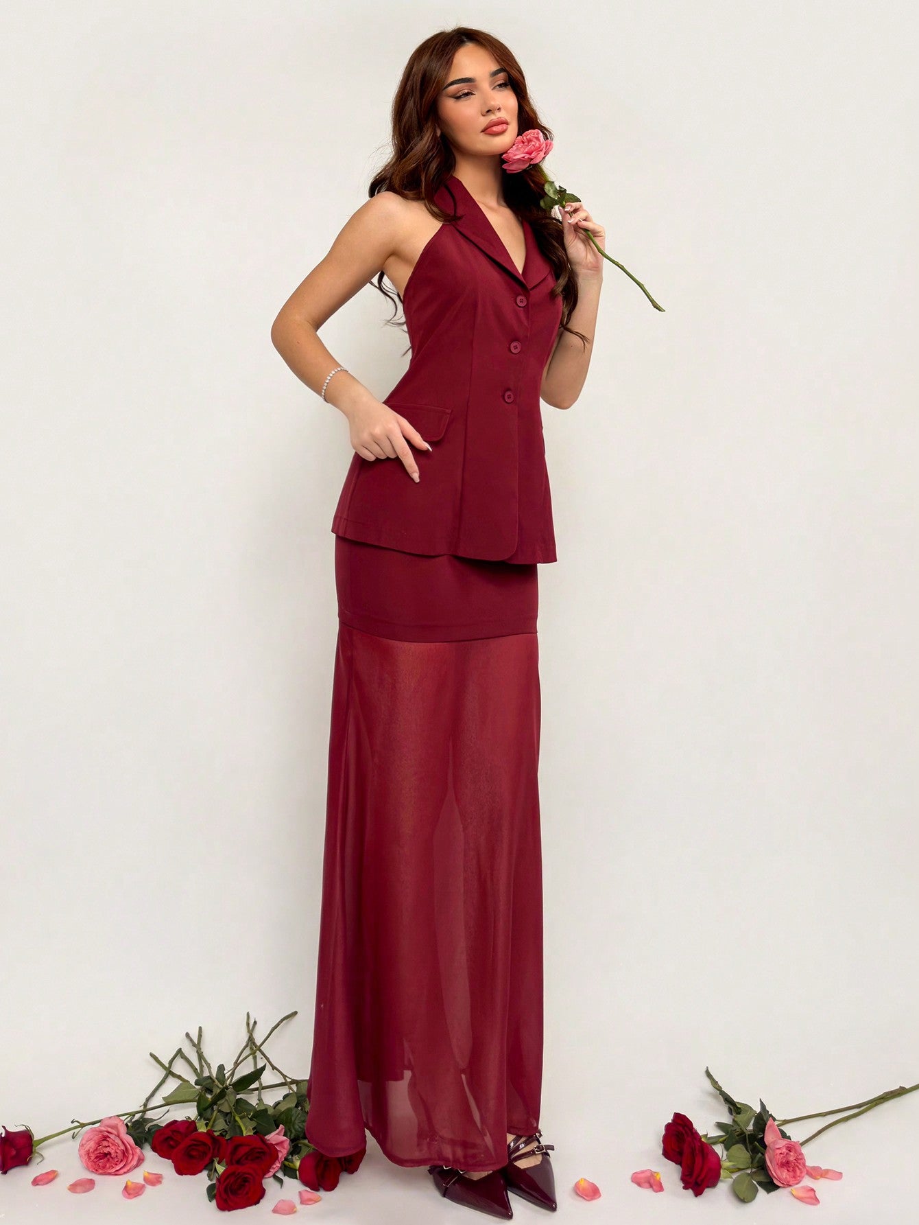 Women's New Vintage Wine Red Romantic Valentine's Day/Chinese New Year Outfit, Cross Strap Vest And Patchwork Skirt 2 - Piece Set - Negative Apparel