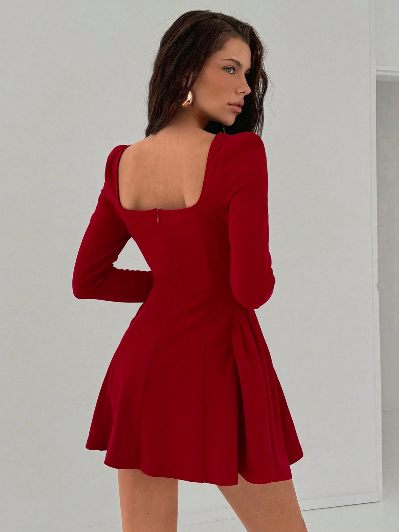 Women's New Year Solid Red Mini A - Line Peplum Dress With Square Collar, Sexy & Elegant Fitted Waist Long Sleeve Bodycon Dress For Christmas, Date Night - Negative Apparel