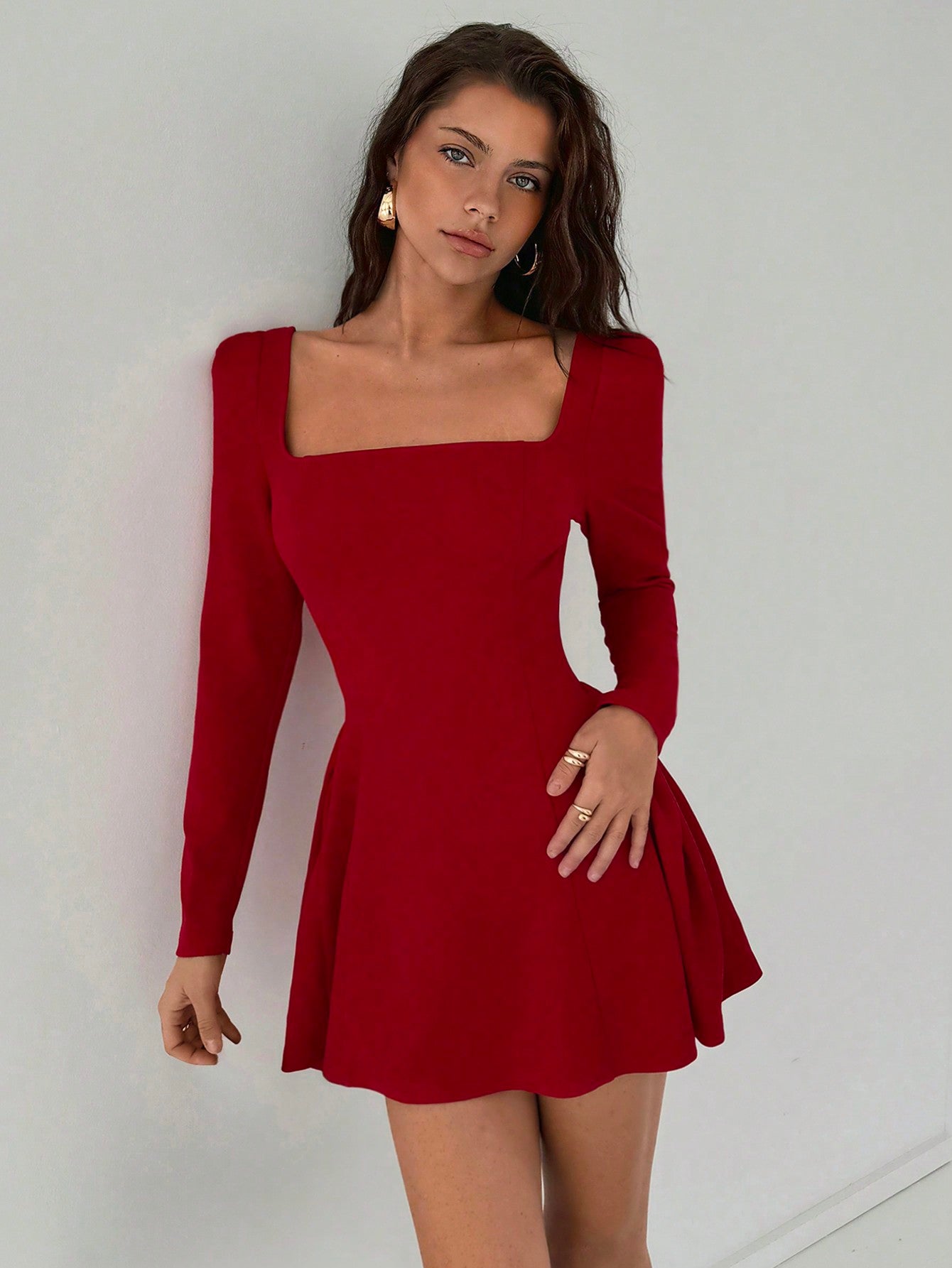 Women's New Year Solid Red Mini A - Line Peplum Dress With Square Collar, Sexy & Elegant Fitted Waist Long Sleeve Bodycon Dress For Christmas, Date Night - Negative Apparel