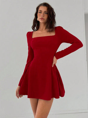 Women's New Year Solid Red Mini A - Line Peplum Dress With Square Collar, Sexy & Elegant Fitted Waist Long Sleeve Bodycon Dress For Christmas, Date Night - Negative Apparel