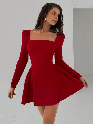 Women's New Year Solid Red Mini A - Line Peplum Dress With Square Collar, Sexy & Elegant Fitted Waist Long Sleeve Bodycon Dress For Christmas, Date Night - Negative Apparel