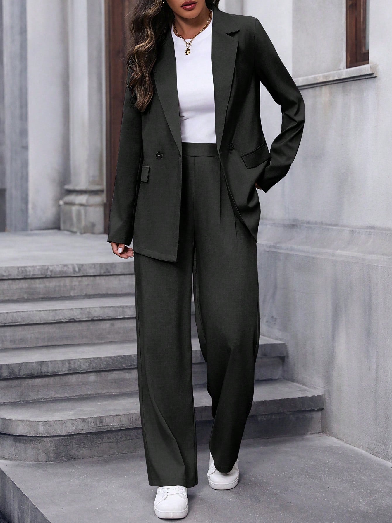 Women's Notched Lapel Suit Jacket And Pants Set - Negative Apparel