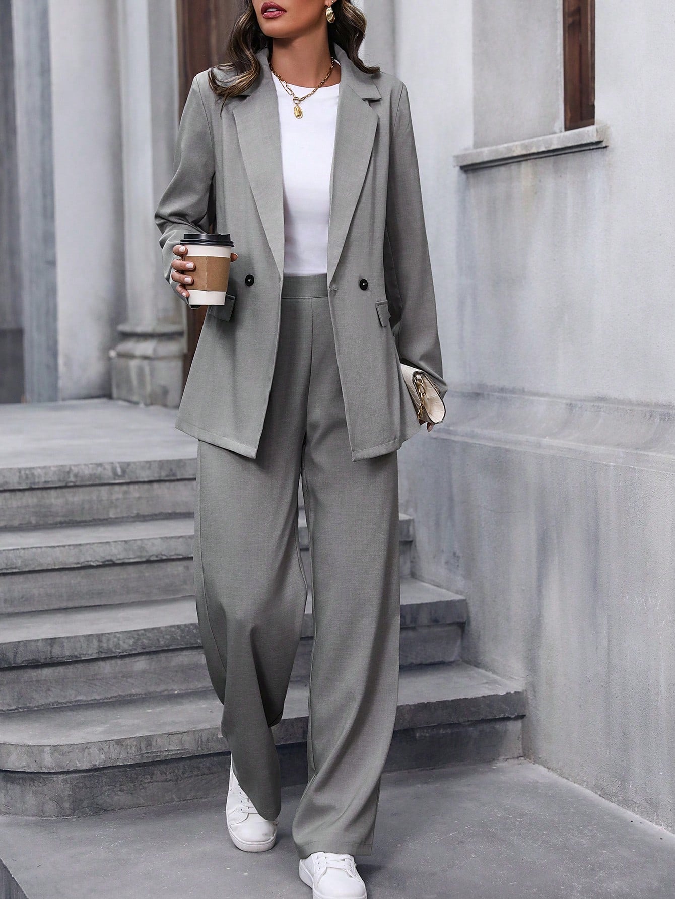 Women's Notched Lapel Suit Jacket And Pants Set - Negative Apparel