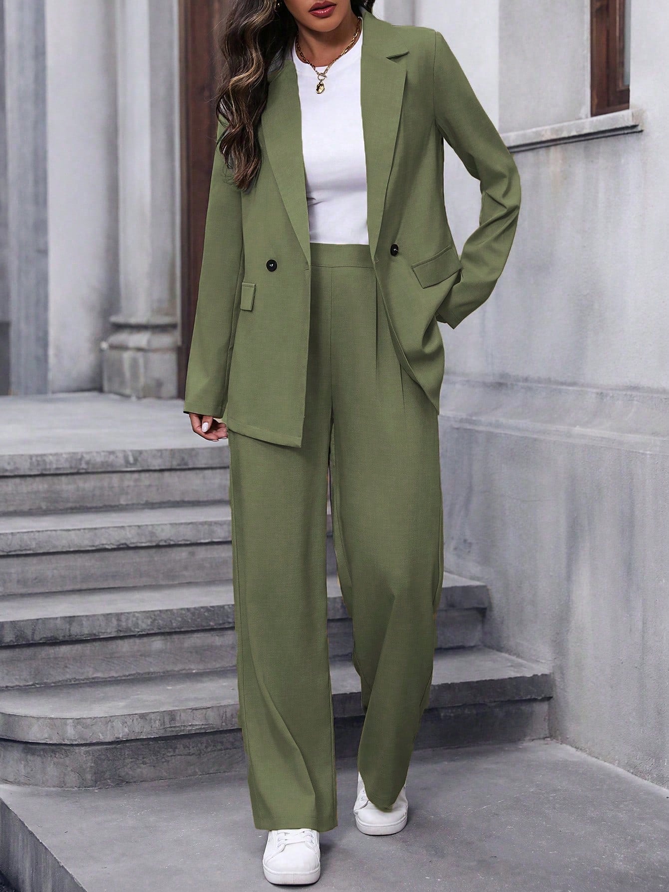 Women's Notched Lapel Suit Jacket And Pants Set - Negative Apparel