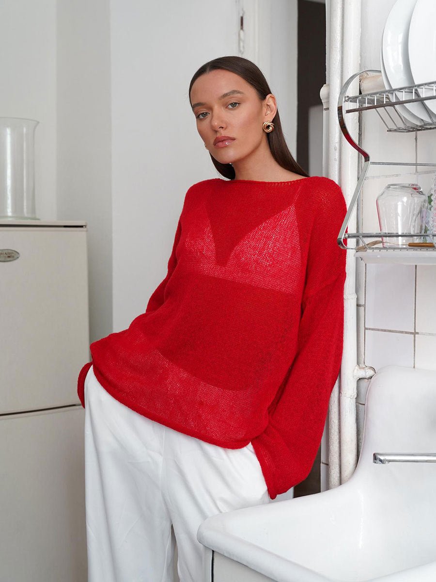 Women’s Off Shoulder Bell Sleeve Sweater – Loose Fit Summer Pullover, Lightweight Knit Top, Casual Streetwear - Negative Apparel