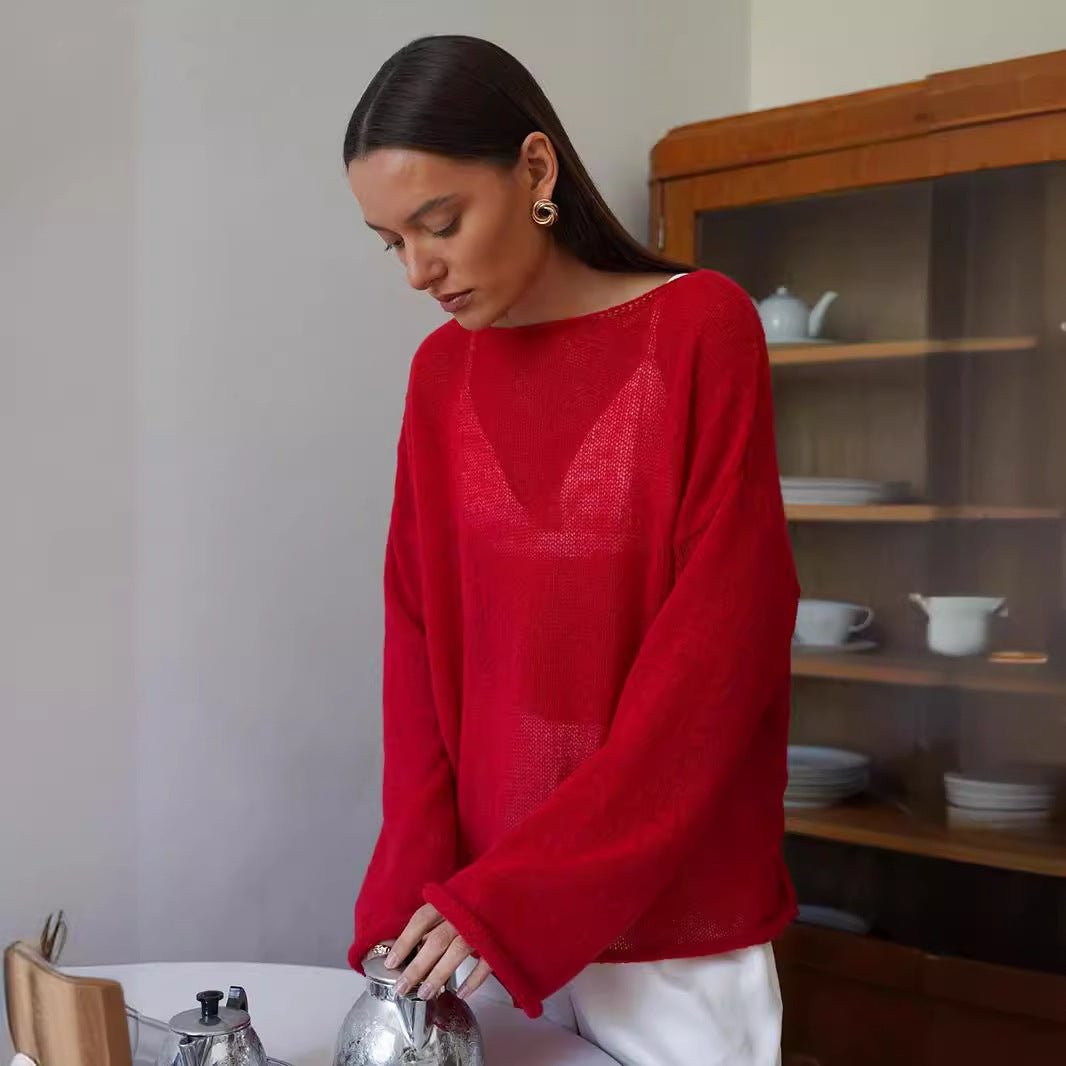 Women’s Off Shoulder Bell Sleeve Sweater – Loose Fit Summer Pullover, Lightweight Knit Top, Casual Streetwear - Negative Apparel